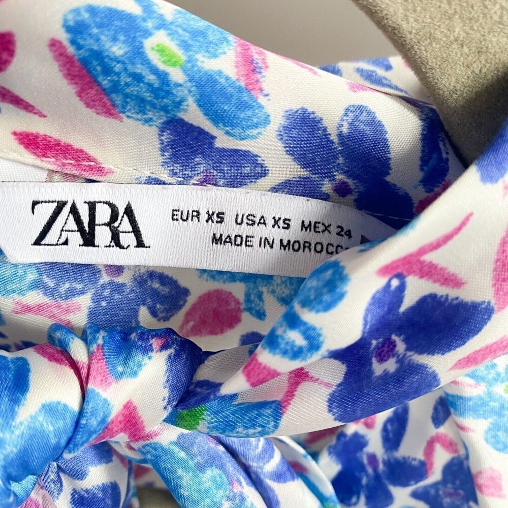 Zara Painted Floral Blue Bow Neckline Long Sleeve Blouse XS - Picture 8 of 8